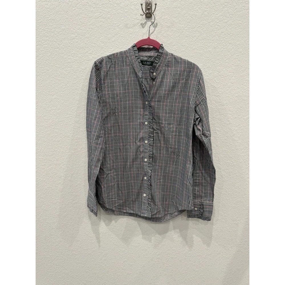 Ralph Lauren Shirt Womens M Black White Red Button Up Ruffle Plaid